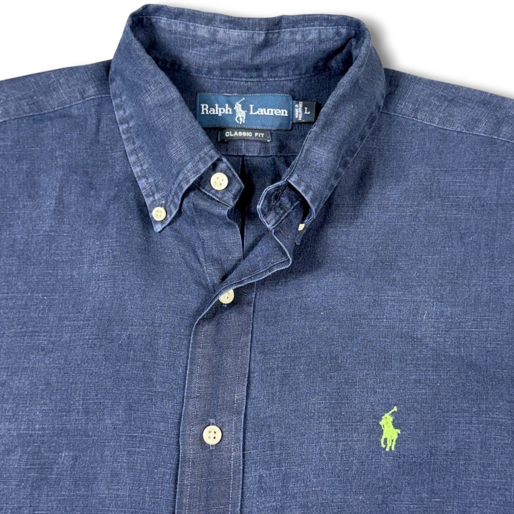 Ralph Lauren Button Down Shirt Men L Navy Blue Preppy Linen Classic Fit S/S Pony - Picture 3 of 7